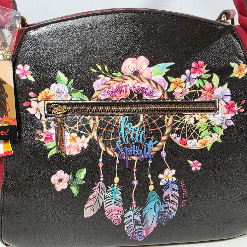 Nicole Lee USA Dream of All Colors Boho Satchel Crossbody Bag Black Red Teal NWT - Picture 7 of 11